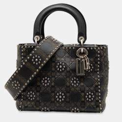 مملوكة مسبقًا Dior Black Medium Calfskin Cannage Embossed Flower Studded Supple Lady Dior