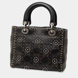 Pre Owned حقيبة ديور ليدي ديور قابلة للطي متوسط جلد عجل أسود مزينة بالورد كاناج مغلفة بالزهور
