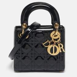 Pre Owned Dior Lady Dior Mini Black Cannage Patent Leather Tote