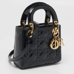 Pre Owned Dior Lady Dior Mini Black Cannage Patent Leather Tote