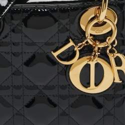 Pre Owned Dior Lady Dior Mini Black Cannage Patent Leather Tote