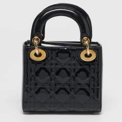 Pre Owned Dior Lady Dior Mini Black Cannage Patent Leather Tote