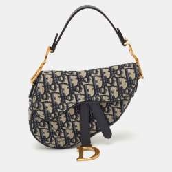 Pre Owned Dior Saddle Mini Navy Blue Oblique Canvas and Leather Bag
