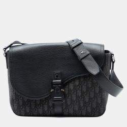 Pre Owned حقيبة ديور سدل مرسال قماش مائل أسود متوسط وجلد عجل محبب مع غطاء