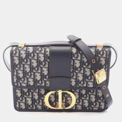 Pre Owned Christian Dior Dior 30 Montaigne Oblique Jacquard Shoulder Bag Canvas And Leather Navy Beige