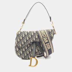 Pre Owned Christian Dior Dior Saddlebag Oblique Jacquard Handbag Canvas And Leather Beige Navy