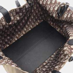 Pre Owned حقيبة يد كريستيان ديور ديور توجور أوبليك كبيرة قماش وجلد بيج رمادي أسود