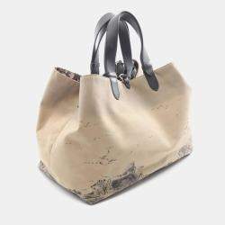 Pre Owned حقيبة يد كريستيان ديور ديور توجور أوبليك كبيرة قماش وجلد بيج رمادي أسود