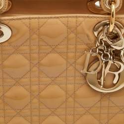 Pre Owned Dior Lady Dior Large Beige Cannage Patent Leather Tote