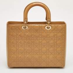 Pre Owned Dior Lady Dior Large Beige Cannage Patent Leather Tote