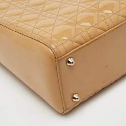 Pre Owned Dior Lady Dior Large Beige Cannage Patent Leather Tote