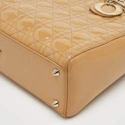 Pre Owned Dior Lady Dior Large Beige Cannage Patent Leather Tote