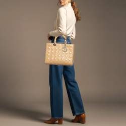 Pre Owned Dior Lady Dior Large Beige Cannage Patent Leather Tote