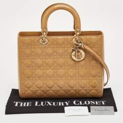 Pre Owned Dior Lady Dior Large Beige Cannage Patent Leather Tote
