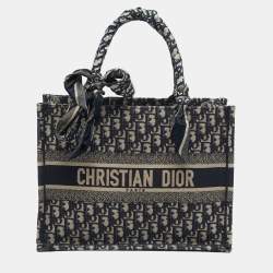 Pre Owned Dior Book Medium Navy Blue Oblique Embroidered Canvas Tote
