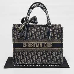 Pre Owned Dior Book Medium Navy Blue Oblique Embroidered Canvas Tote