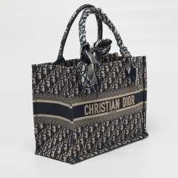 Pre Owned Dior Book Medium Navy Blue Oblique Embroidered Canvas Tote