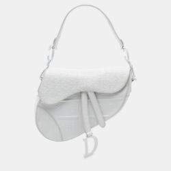Pre Owned Dior White Oblique Embossed Calfskin Saddle Bag