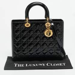 Pre Owned حقيبة يد ديور ليدي ديور كبيرة جلد مفرغ أسود لامع