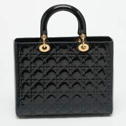 Pre Owned حقيبة يد ديور ليدي ديور كبيرة جلد مفرغ أسود لامع