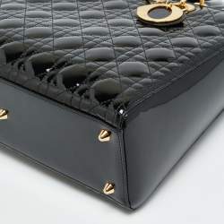 Pre Owned حقيبة يد ديور ليدي ديور كبيرة جلد مفرغ أسود لامع