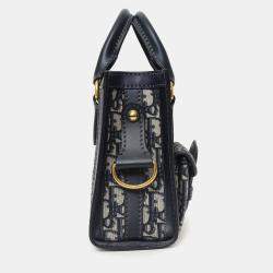 Pre Owned Christian Dior Navy Canvas/Leather Oblique Mini Tote Bag With Strap