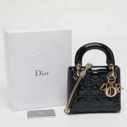 Pre Owned Dior Lady Dior Mini Black Cannage Patent Leather Tote