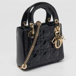 Pre Owned Dior Lady Dior Mini Black Cannage Patent Leather Tote