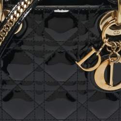 Pre Owned Dior Lady Dior Mini Black Cannage Patent Leather Tote