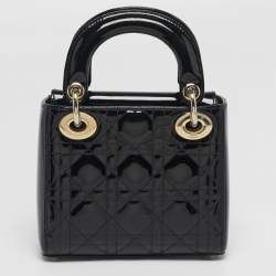 Pre Owned Dior Lady Dior Mini Black Cannage Patent Leather Tote