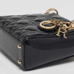 Pre Owned Dior Lady Dior Mini Black Cannage Patent Leather Tote