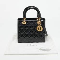 Pre Owned حقيبة يد توتس ديور ليدي ديور متوسطة جلد كاناج لامع أسود