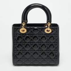 Pre Owned حقيبة يد توتس ديور ليدي ديور متوسطة جلد كاناج لامع أسود