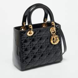 Pre Owned حقيبة يد توتس ديور ليدي ديور متوسطة جلد كاناج لامع أسود