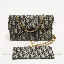 مملوكة مسبقًا حقيبة ديور ساتل قماش أوبليك أزرق داكن وجلد سلسلة المحافظ