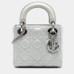 Pre Owned Dior Silver Mini Iridescent Lambskin Cannage Lady Dior