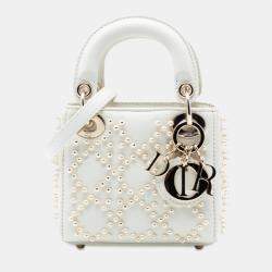 Pre Owned Dior White Micro Lambskin Cannage Pearl Lady Dior