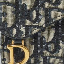 Pre Owned Dior Saddle Navy Blue Oblique Canvas Compact Wallet