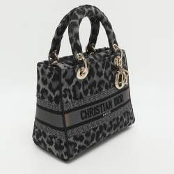 Pre Owned Dior Lady D-Lite Medium Grey Leopard Print Canvas Tote