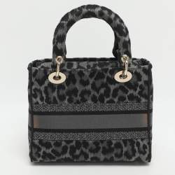 Pre Owned Dior Lady D-Lite Medium Grey Leopard Print Canvas Tote
