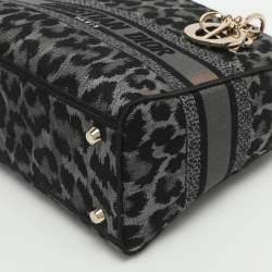 Pre Owned Dior Lady D-Lite Medium Grey Leopard Print Canvas Tote