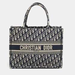 Pre Owned Dior Oblique Embroidered Book Medium Navy Blue Canvas Tote