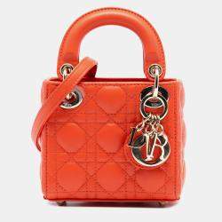 Pre Owned Dior Orange Micro Lambskin Cannage Lady Dior