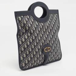 Pre Owned Dior Navy Blue Oblique Canvas and Leather Fold Over Clutch