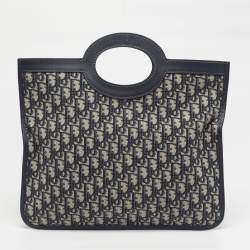 Pre Owned Dior Navy Blue Oblique Canvas and Leather Fold Over Clutch