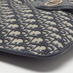 Pre Owned Dior Navy Blue Oblique Canvas and Leather Fold Over Clutch