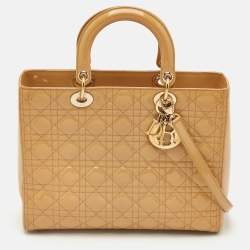 Pre Owned Dior Lady Dior Large Beige Cannage Patent Leather Tote