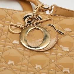 Pre Owned Dior Lady Dior Large Beige Cannage Patent Leather Tote