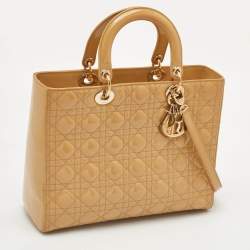 Pre Owned Dior Lady Dior Large Beige Cannage Patent Leather Tote