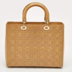 Pre Owned Dior Lady Dior Large Beige Cannage Patent Leather Tote